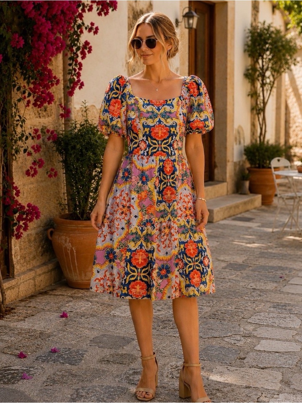 Vince Camuto Floral Tile-Print Puff Sleeve Midi Dress